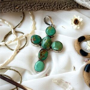 Native American Navajo Turquoise Stone  Sterling Silver Cross Pendant